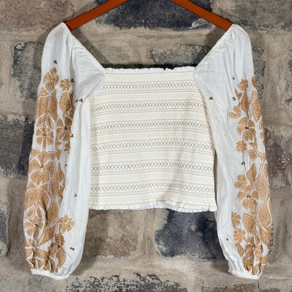 Anthropologie White‎ Gold Floral Embroidered Smocked Cropped Square Neck Top S - Picture 8 of 12